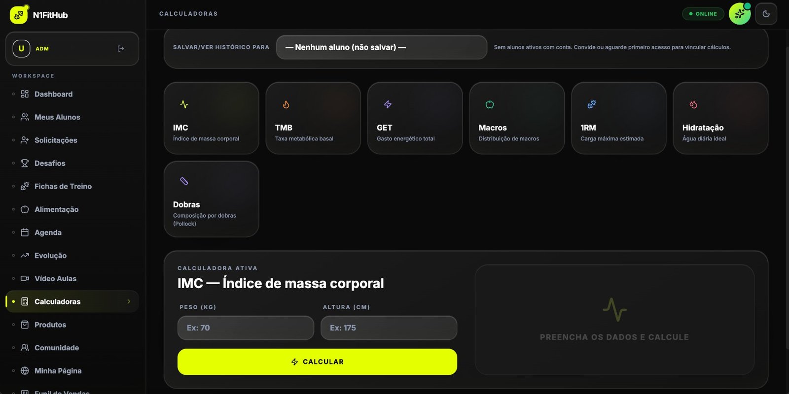 Tela de calculadoras de avaliação